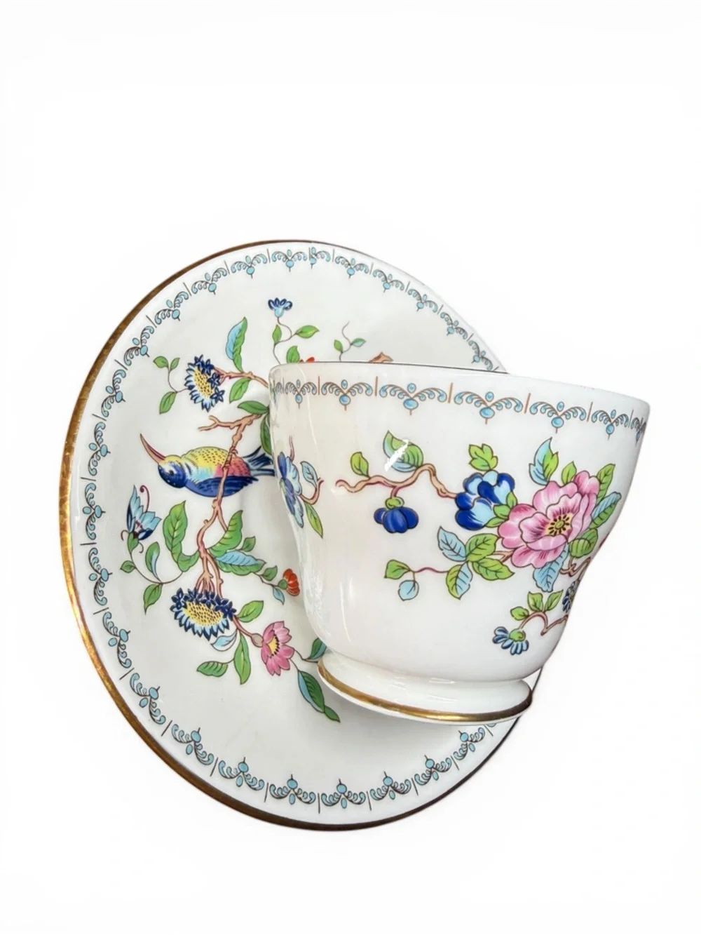 Vintage Aynsley Floral & Bird Teacup and Saucer - White with Multicolor Accents